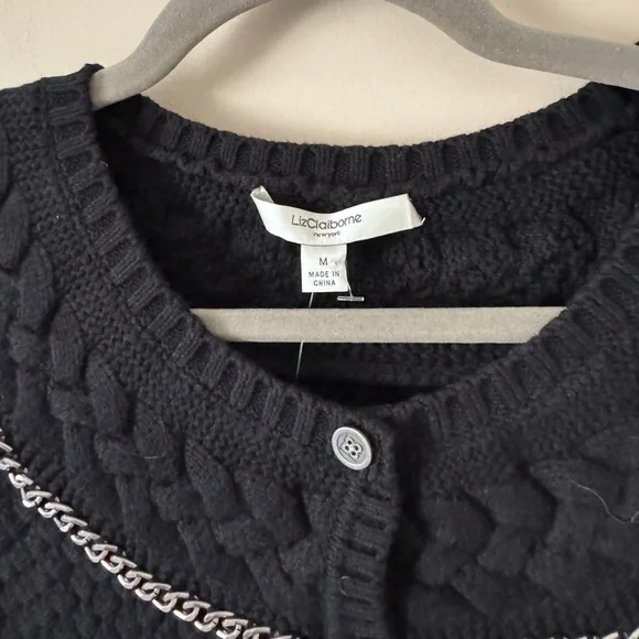 NWT Vintage Black Knit Cardigan Silver Chain Liz Claiborne Medium - Picture 6 of 6